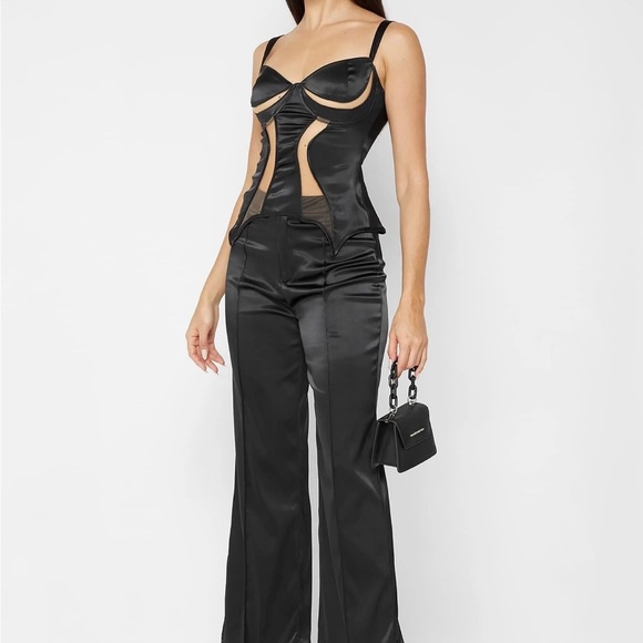 Maniére de Voir - Black Satin Trousers Pants with Beaded Fringe - Picture 3 of 7